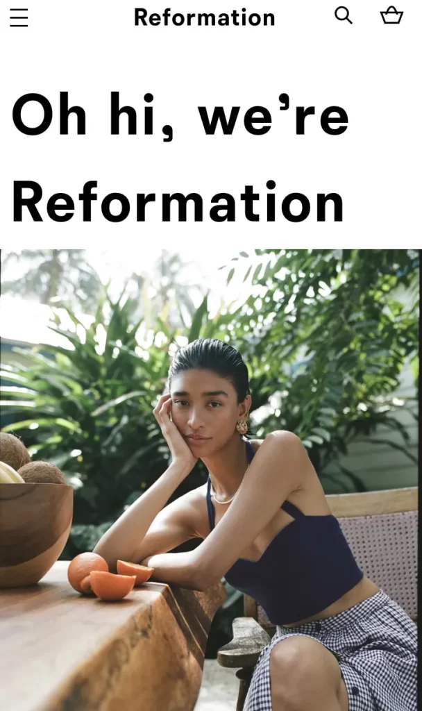 Screen shot from Reformation's website to show brand voice
