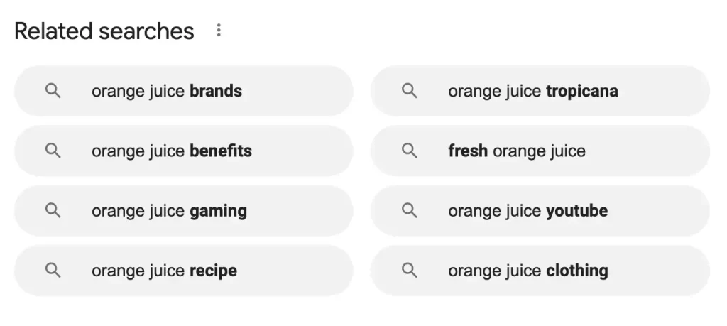 Example of Google's related searches section for orange juice search