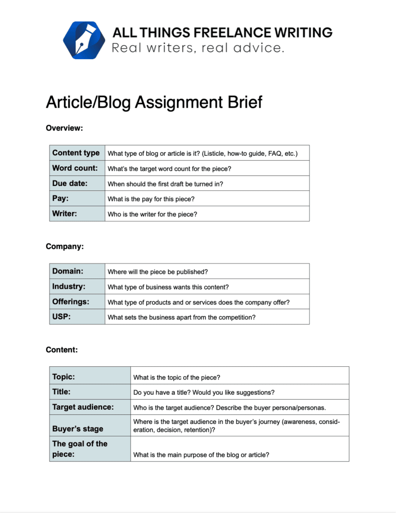 All Things Freelance Writing Assignment Brief Page 1