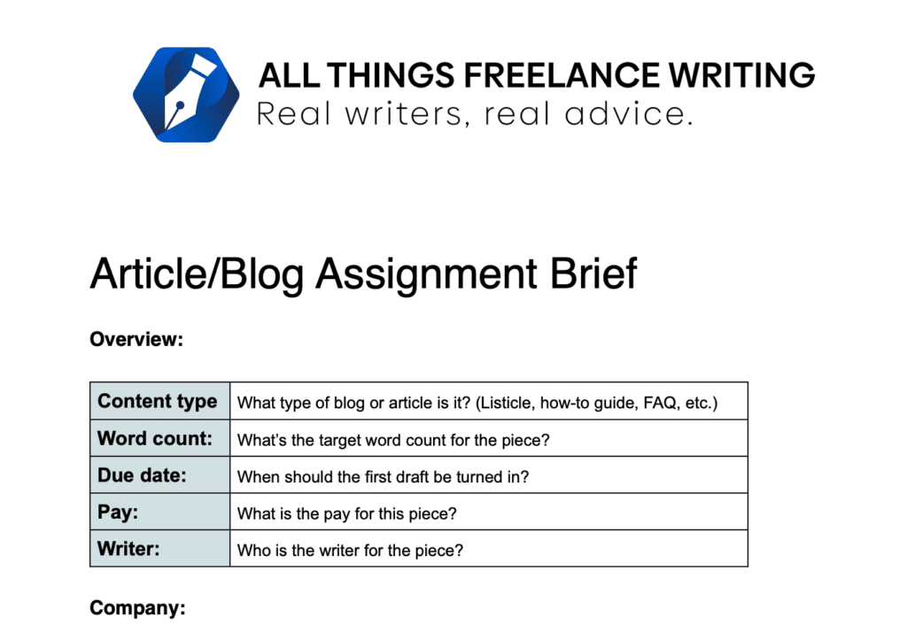 All Things Freelance Writing Assignment Brief Preview