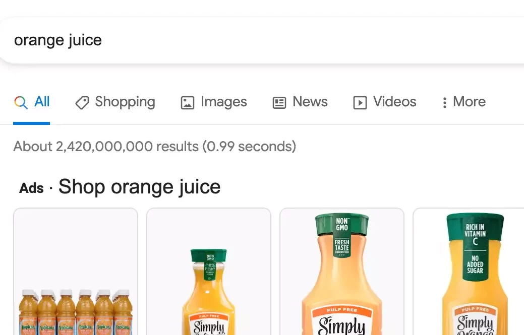 Example of user intent on Google with orange juice search results page for SEO content writing