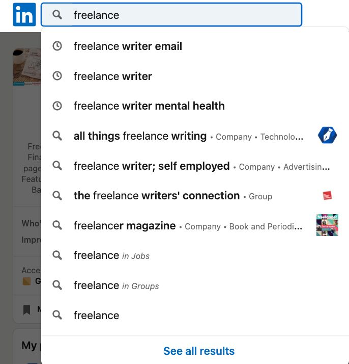 LinkedIn profile tips, search for freelance writer screenshot 