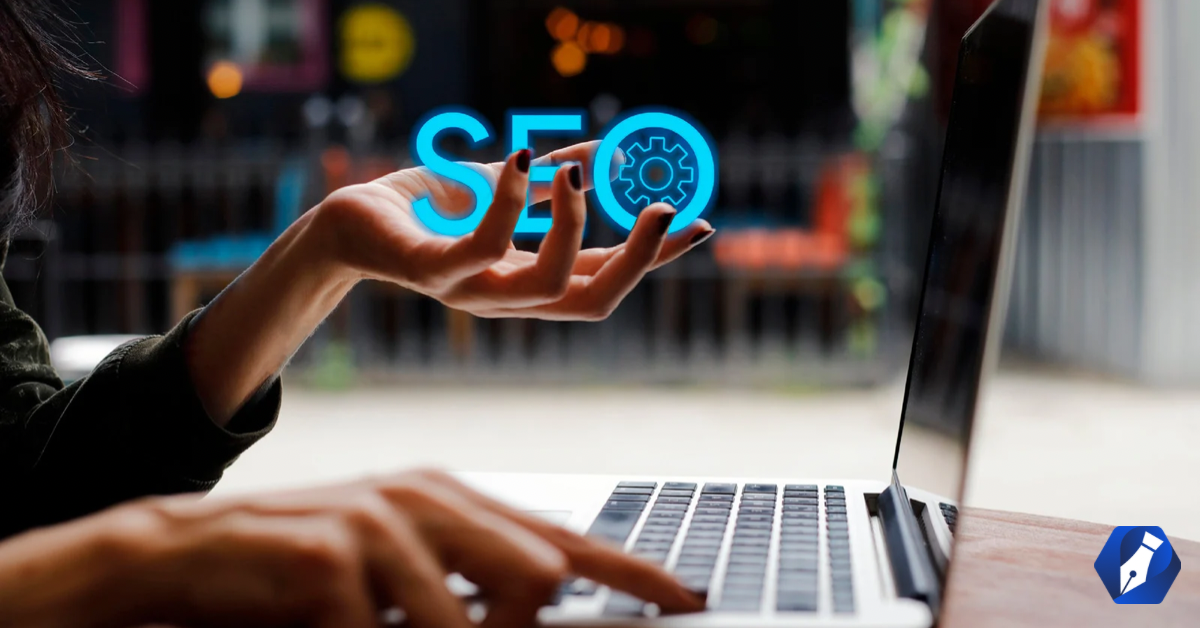 Picture of a person using SEO reporting tools and holding the letters SEO